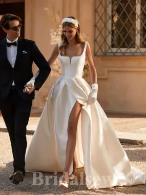 A-line Elegant Satin Vintage Dream Beach Slit Long Wedding Dresses, Bridal Gown WD464