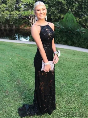 Backless Long Mermaid Black Lace Prom Dresses, PD0986