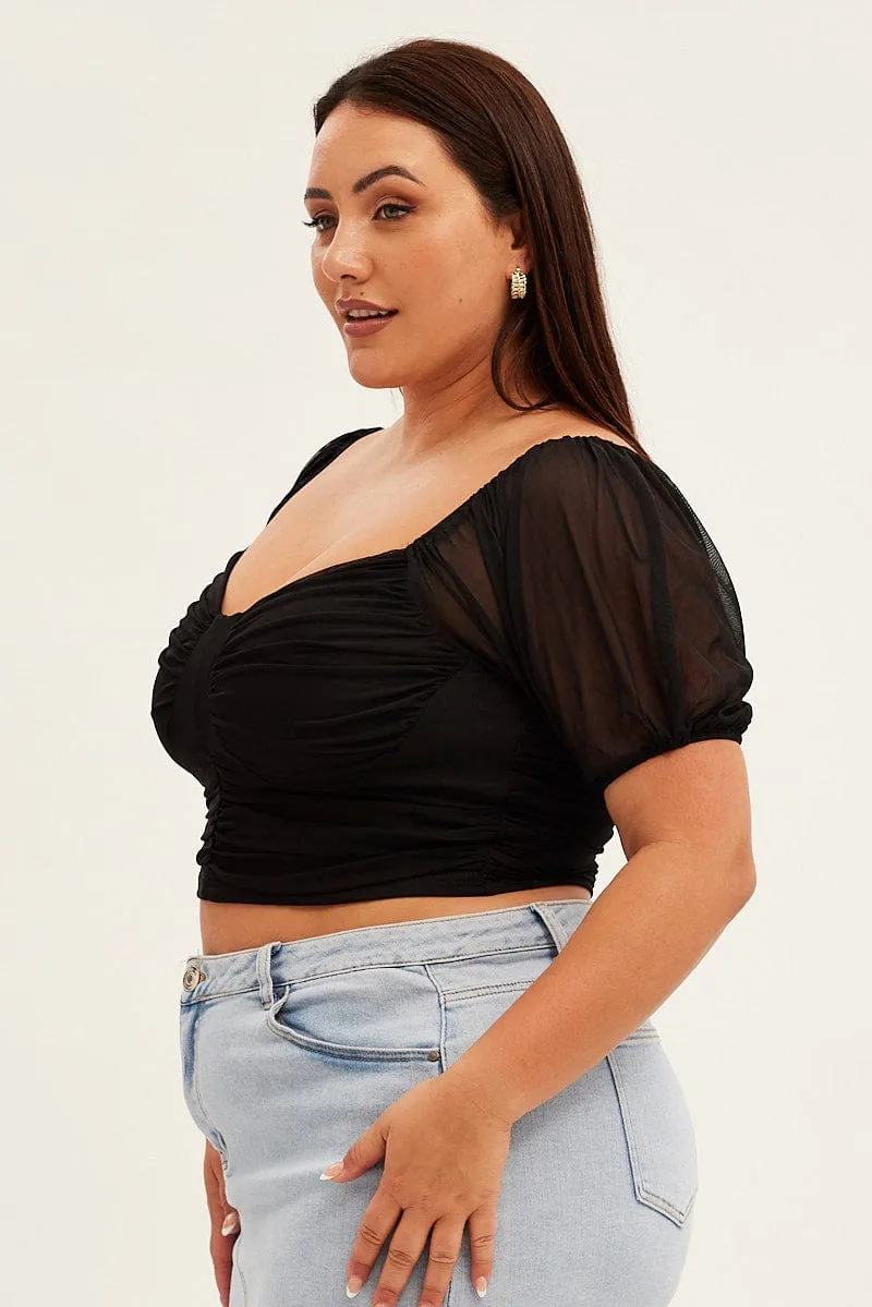 Black Corset Top Short Sleeve Crop Mesh