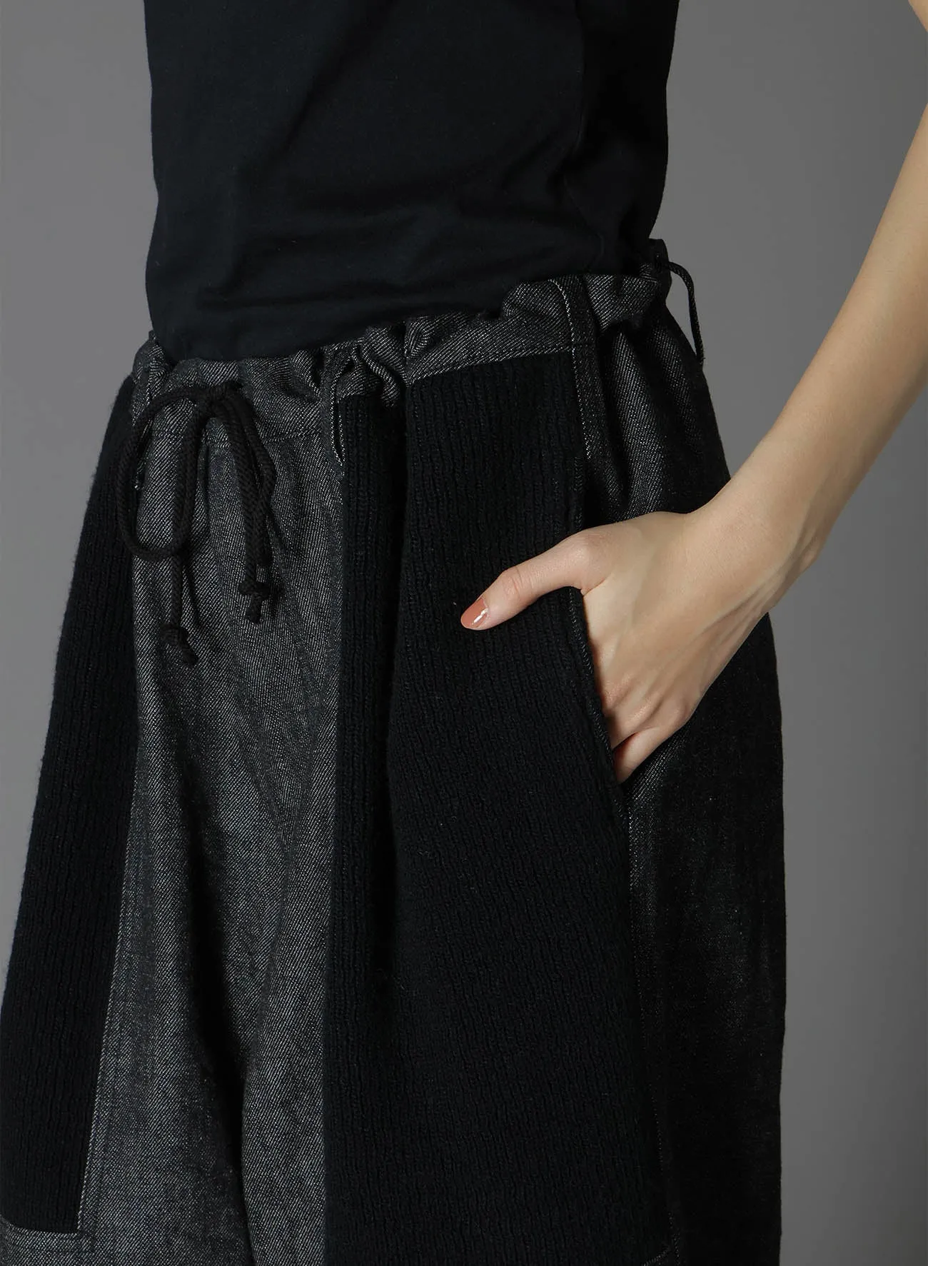 BLACK DENIM  WOOL JERSEY RIB WAIST STRING PANTS