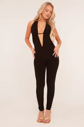 Black Plunge Halter Neck Jumpsuit - Liliana