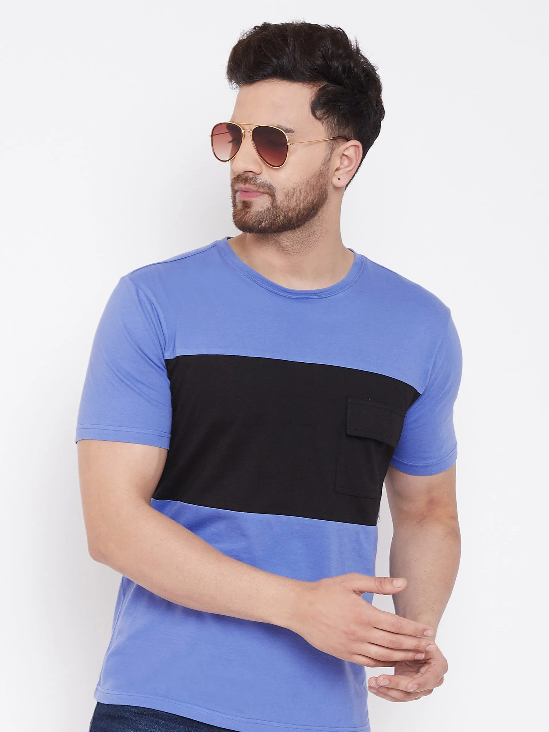 Blue/Black Men's Half Sleeves Round Neck T-Shirt