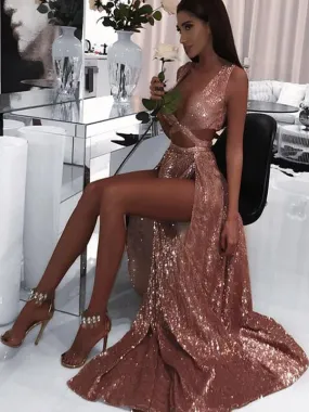 Charming Sexy Sequin Sparkly Simple Rose Gold Prom Dresses, TYP1121