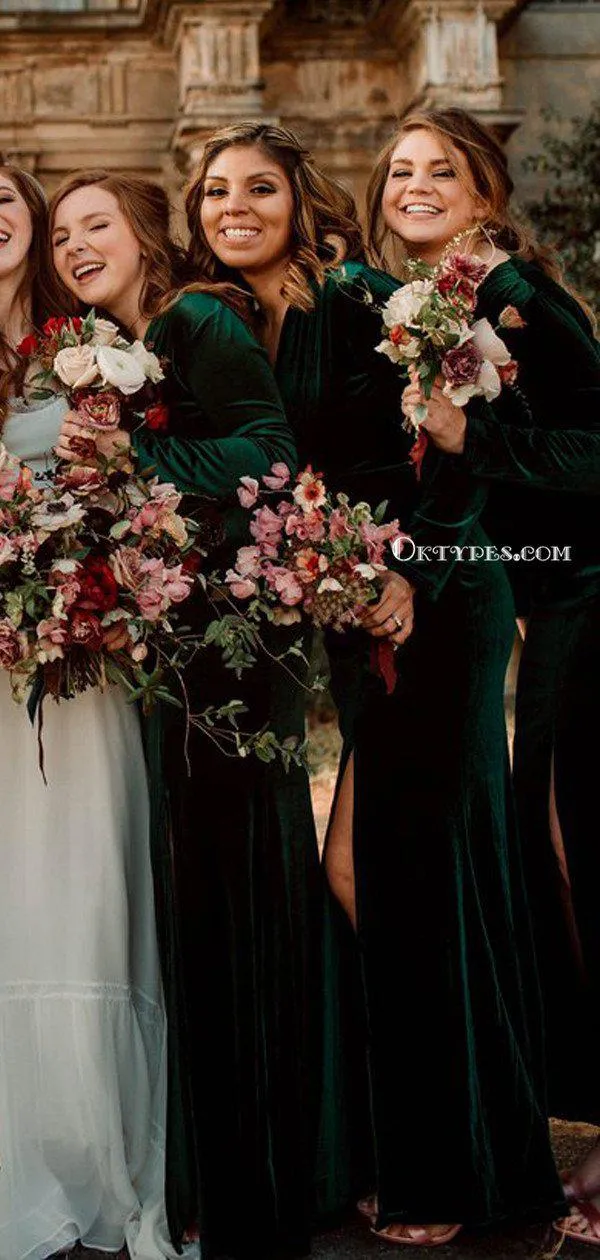 Charming V-neck Long Sleeves Green Velvet Side Slit Mermaid Long Cheap Bridesmaid Dresses, BDS0048