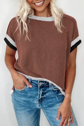 Coffee Textured Contrast Trim Round Neck T Shirt