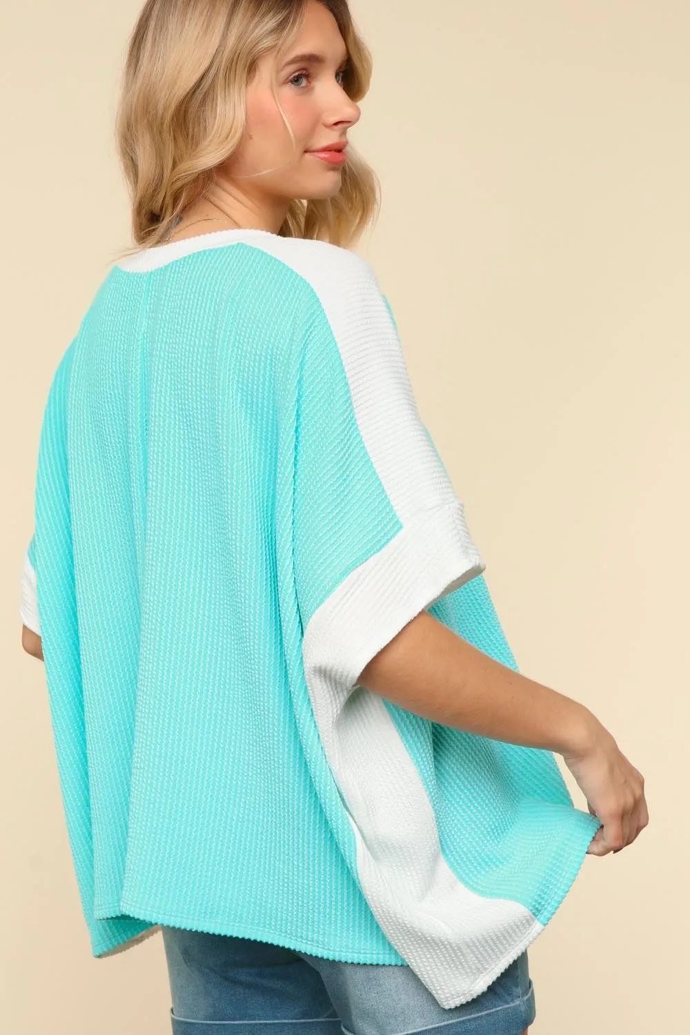 DOLMAN SHORT SLEEVE COLOR BLOCK RIB KNIT TOP