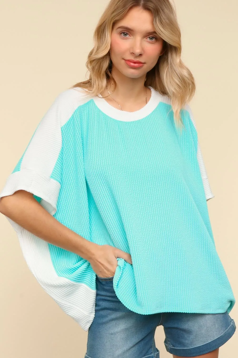 DOLMAN SHORT SLEEVE COLOR BLOCK RIB KNIT TOP