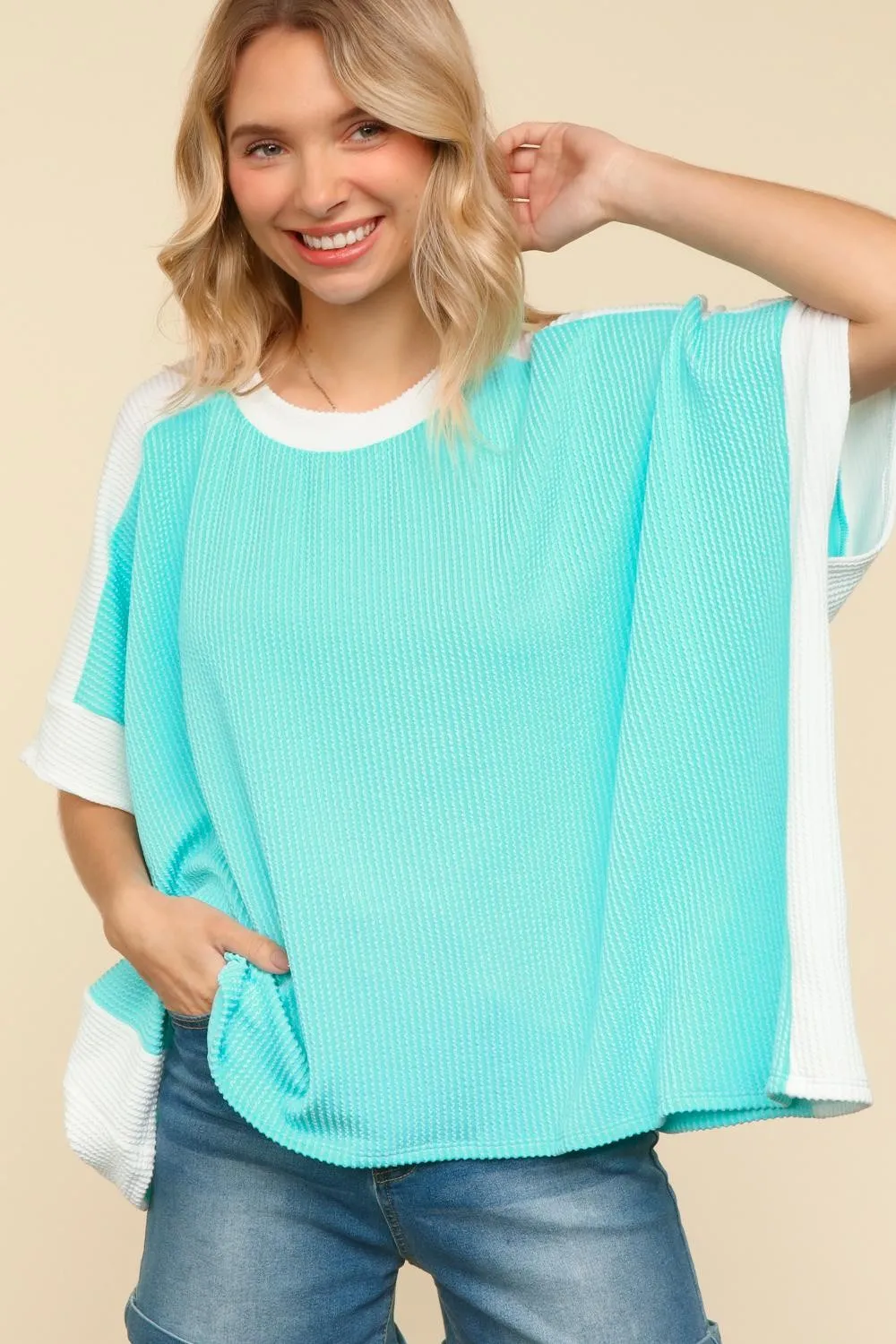 DOLMAN SHORT SLEEVE COLOR BLOCK RIB KNIT TOP