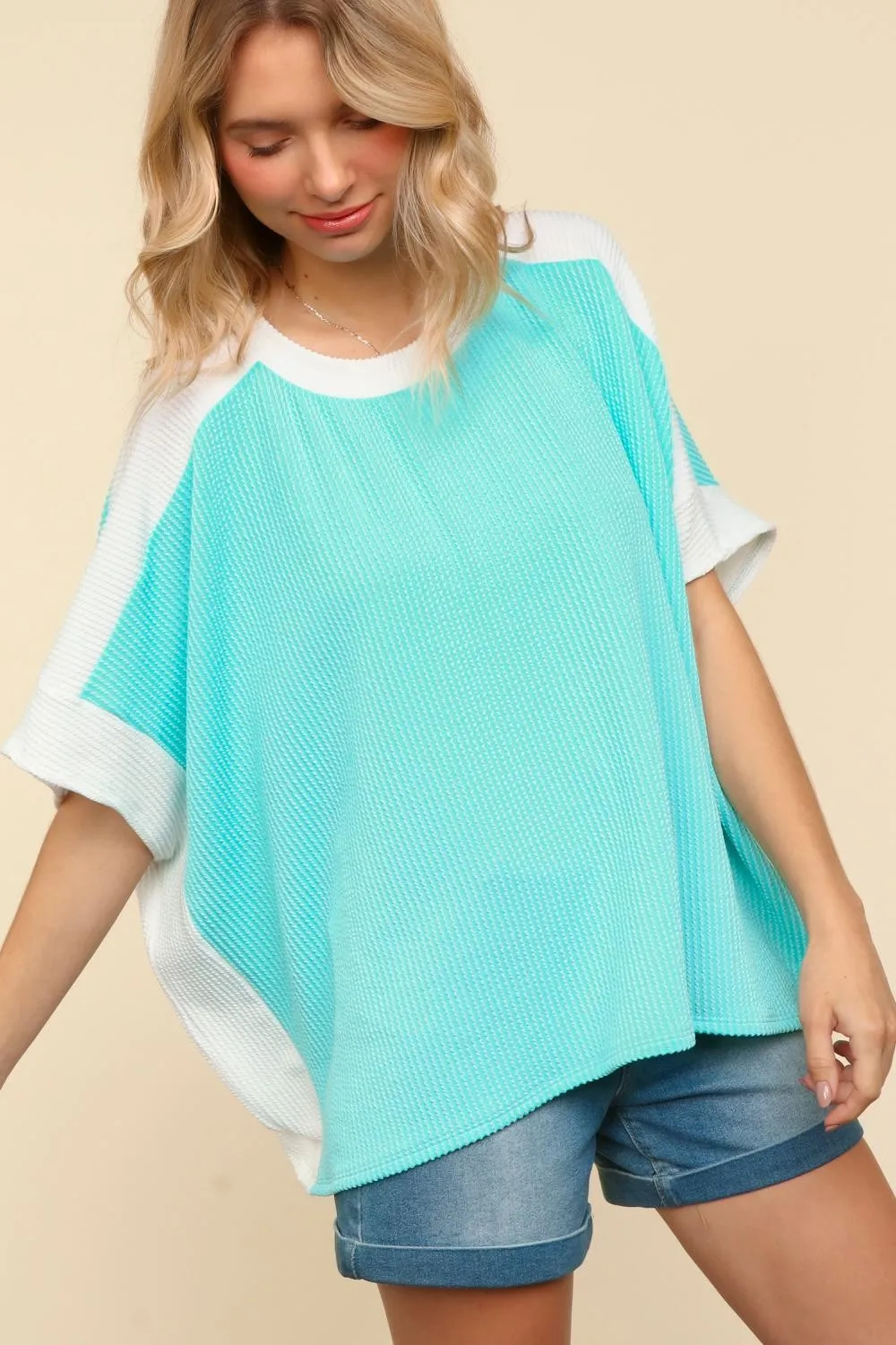 DOLMAN SHORT SLEEVE COLOR BLOCK RIB KNIT TOP