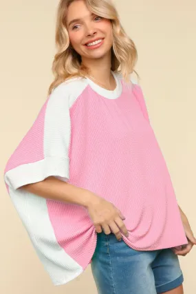 DOLMAN SHORT SLEEVE COLOR BLOCK RIB KNIT TOP