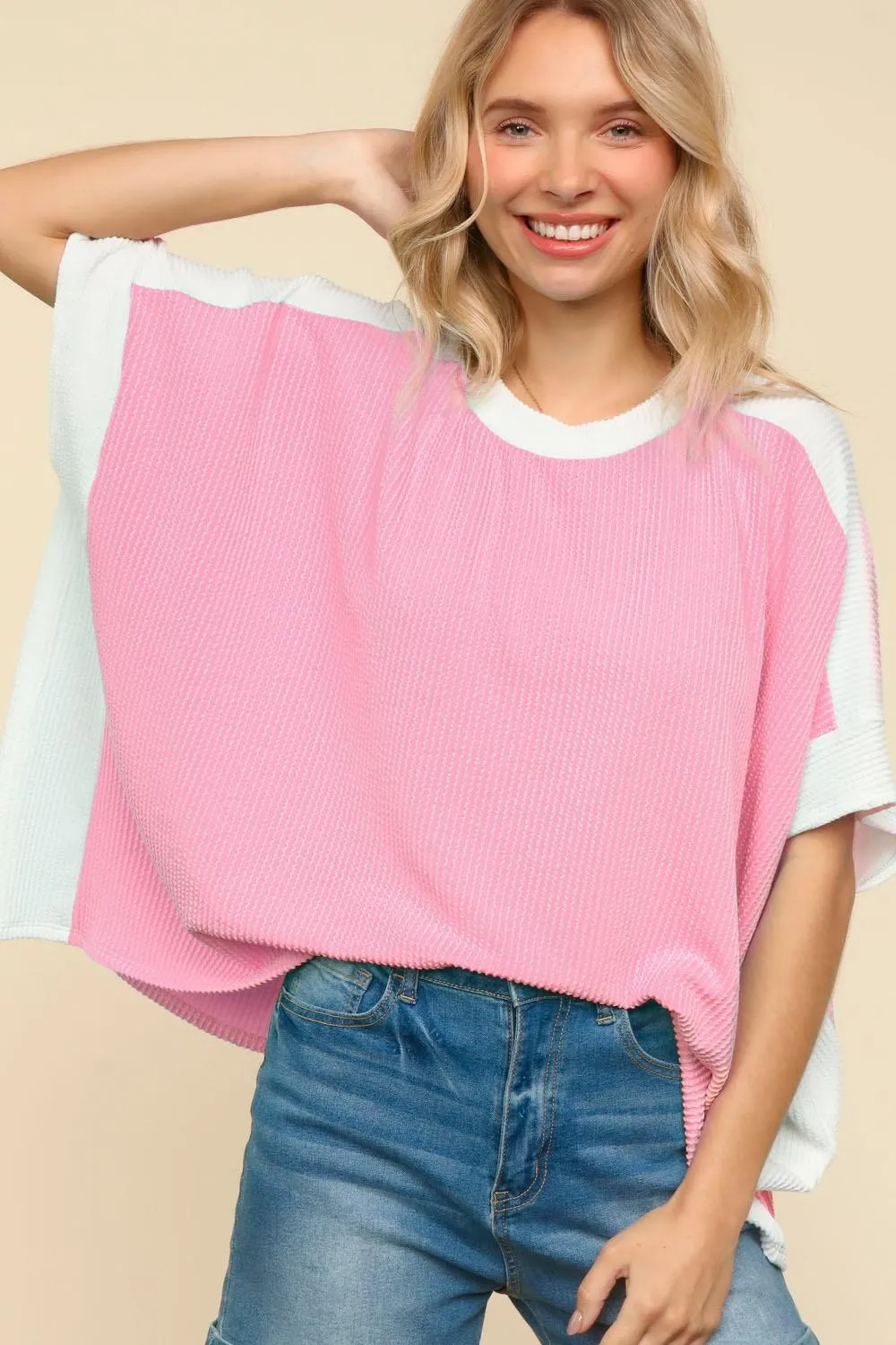 DOLMAN SHORT SLEEVE COLOR BLOCK RIB KNIT TOP