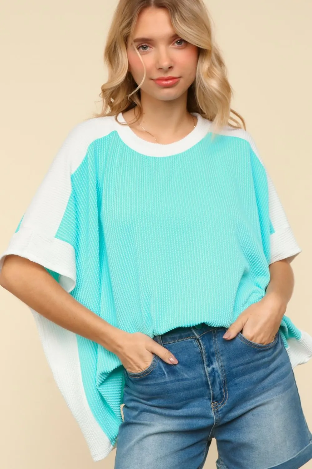 DOLMAN SHORT SLEEVE COLOR BLOCK RIB KNIT TOP