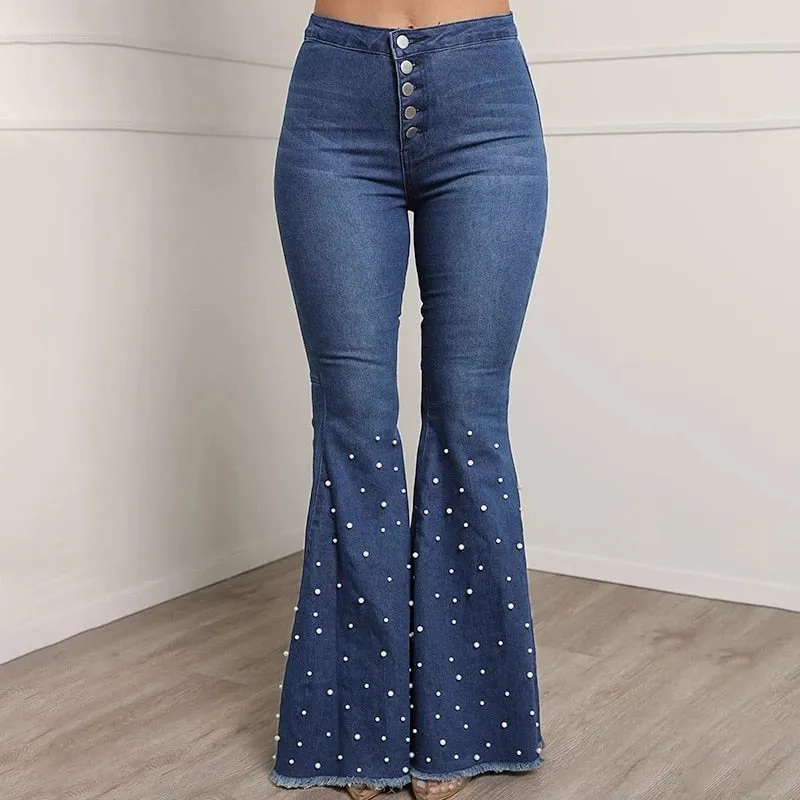 DressBetty - Fashion Solid Beading Flared Jeans High Waist Single-breasted Casual Denim