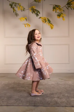 Fitted and Flared Coat for Girls in Pink-Beige with White Floral Print | 'Rose Blush'