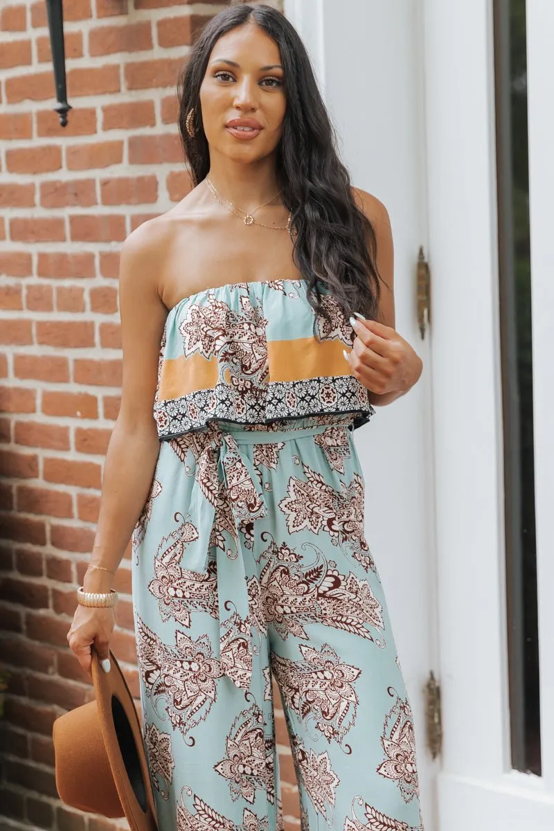 Floral Paisley Print Strapless Wide Leg Jumpsuit - FINAL SALE