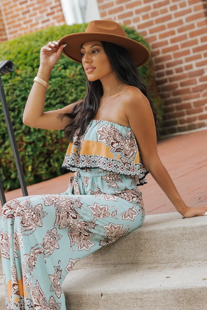 Floral Paisley Print Strapless Wide Leg Jumpsuit - FINAL SALE