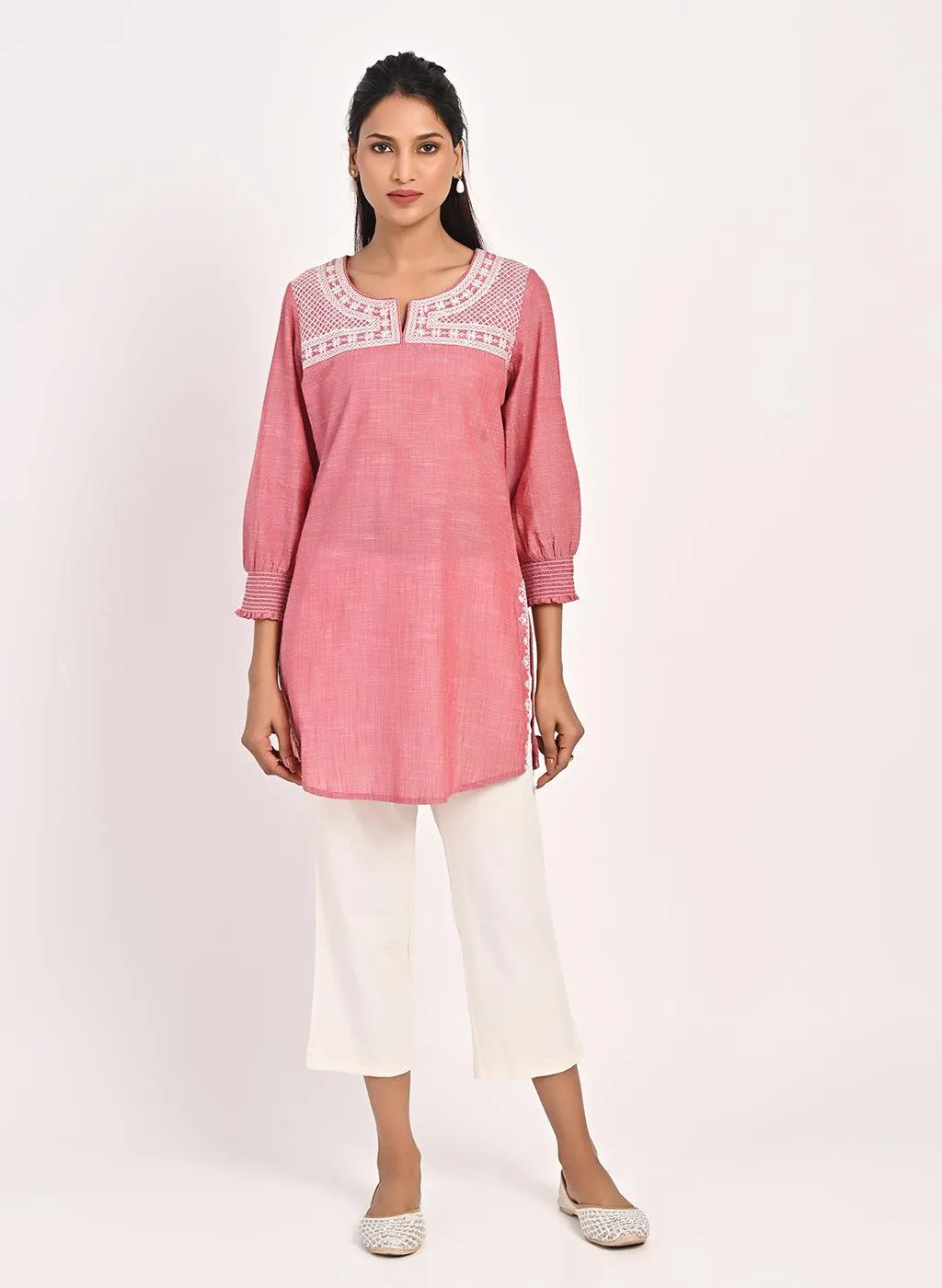 Fuchsia Round Neck Embroidered Tunic