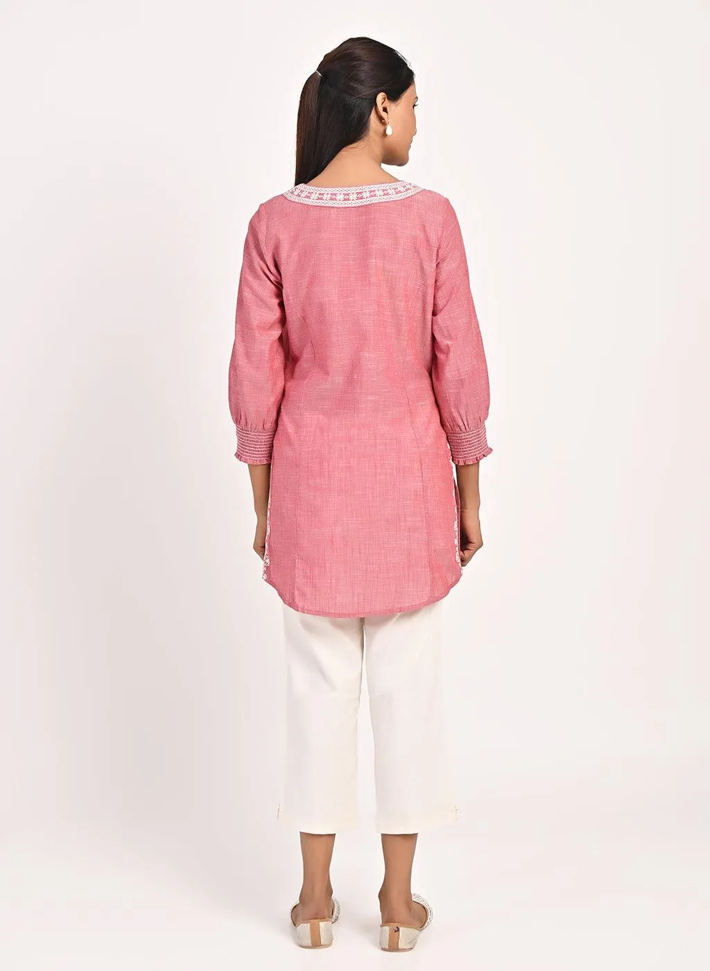 Fuchsia Round Neck Embroidered Tunic