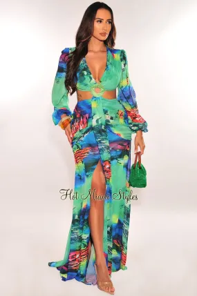 Green Multi Color Long Sleeve Cut Out Rhinestone O Ring Ruched Drape Slit Maxi Dress