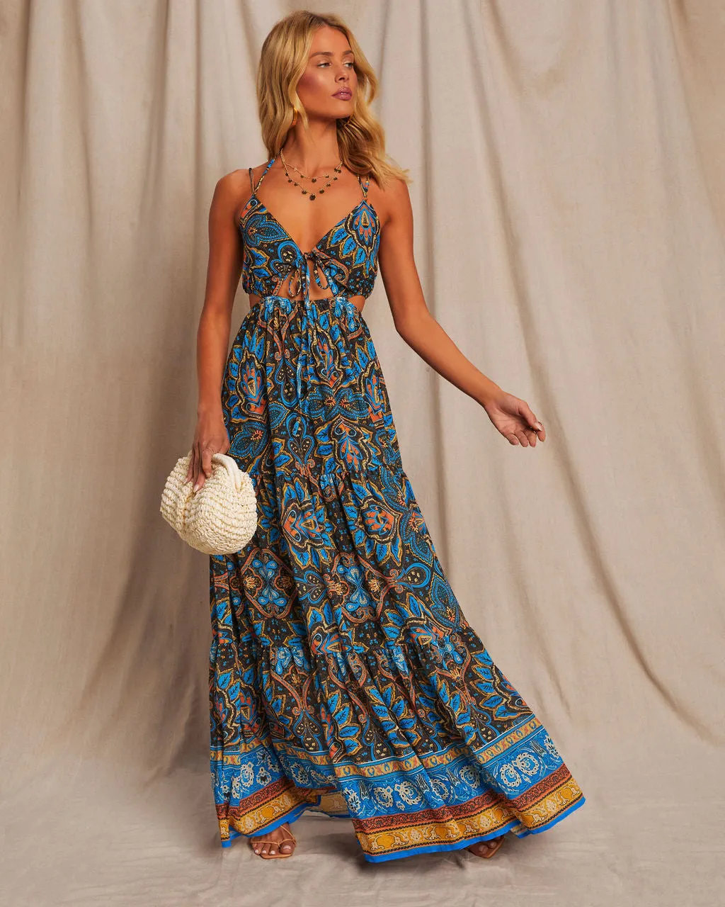 Island Escape Printed Cutout Halter Maxi Dress