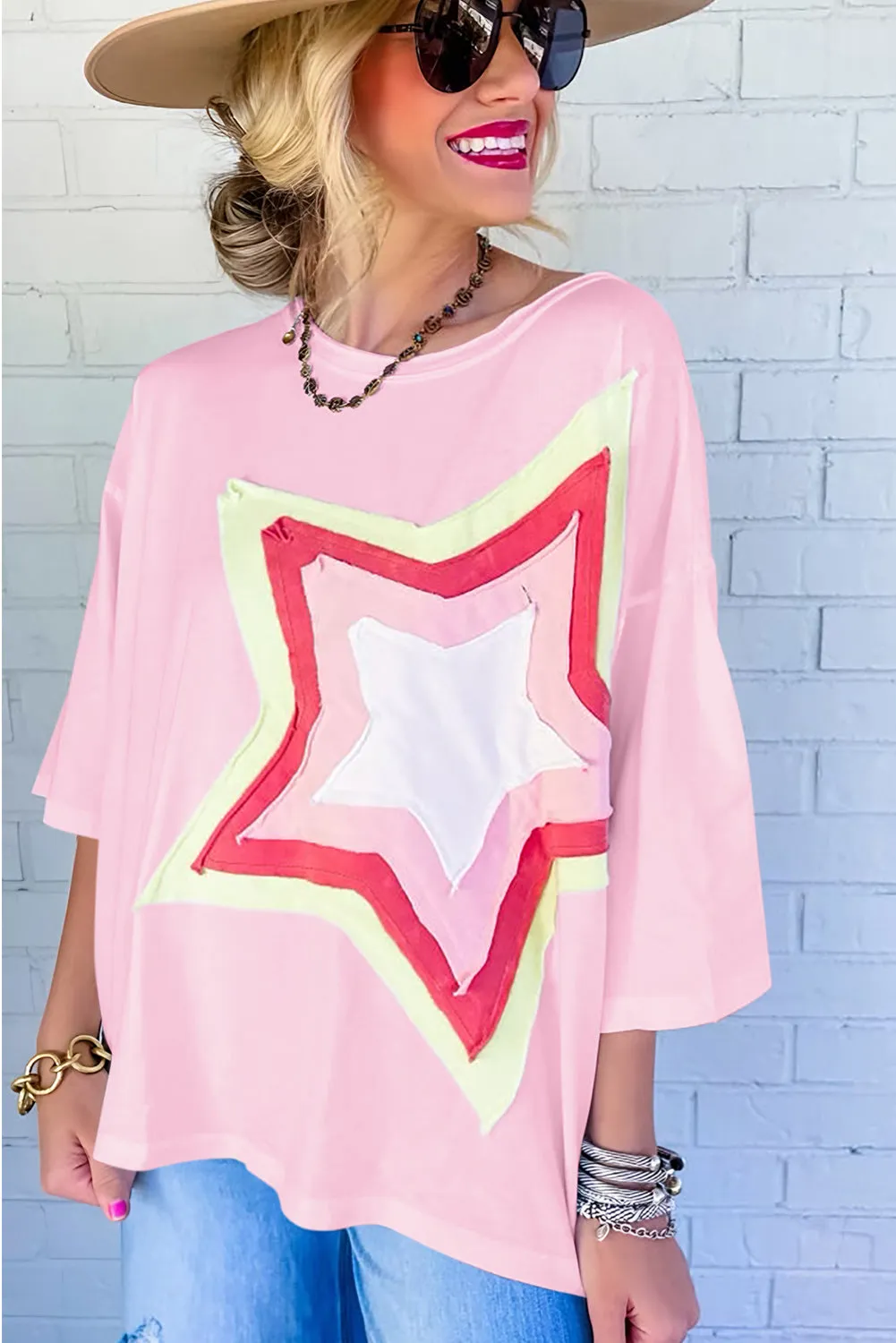 Light Pink Colorblock Star Patched Half Sleeve Oversized Tee