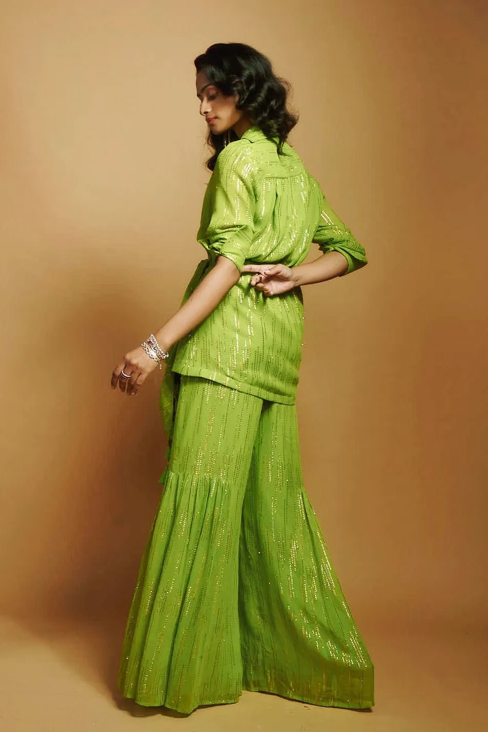 LIME GREEN FLARED GHARARA PANTS