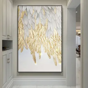 Modern Abstract Golden Feather Design Wall Art Fine Art Canvas Prints Picture For Luxury Living Room Bedroom Entranceway Foyer Art Decor