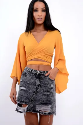 Mustard Wrap Tie Crop Blouse - Kay