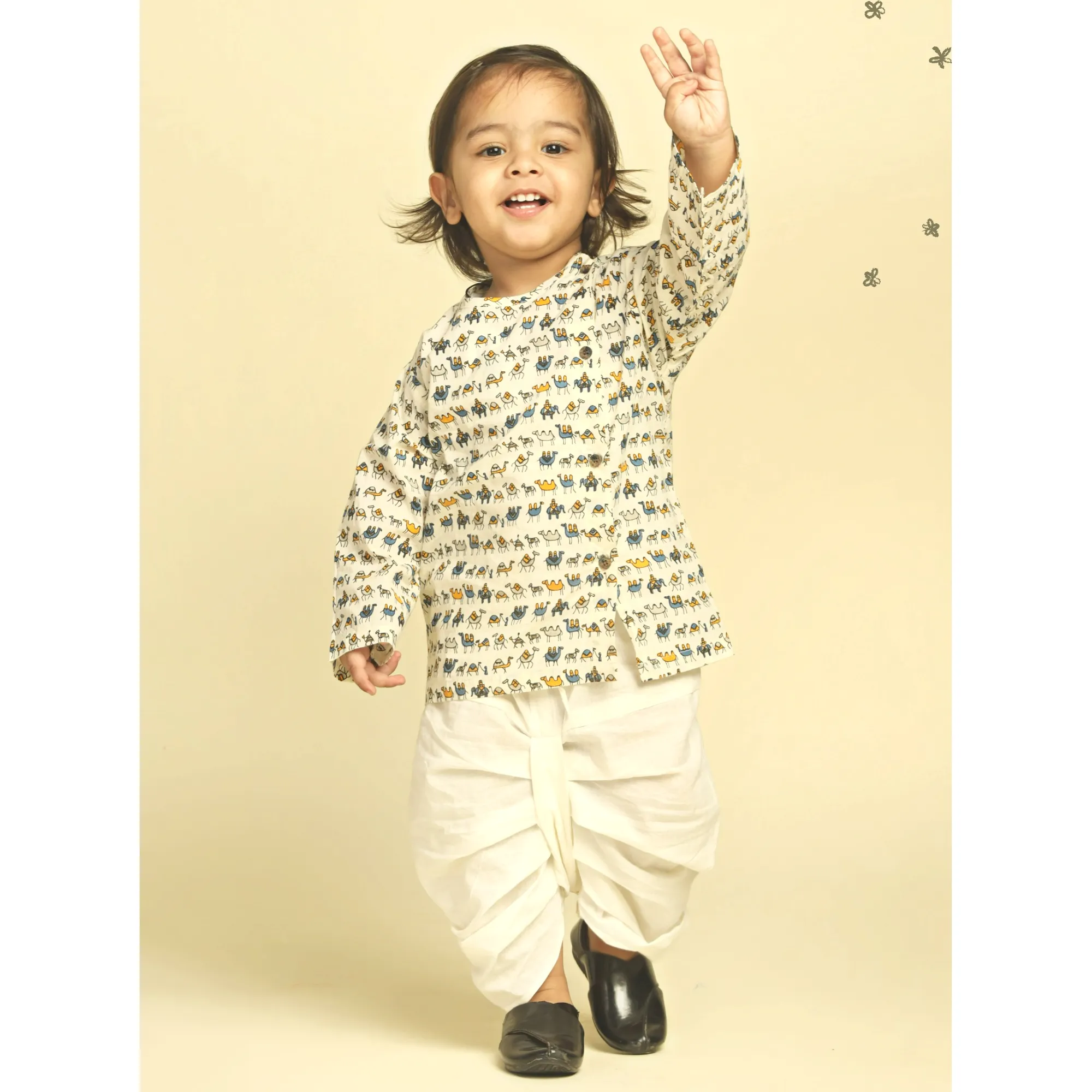 Polka Tots Dhoti Kurta Set for Boys 100% Super Soft Cotton Traditional Ethnic Wear For Kids Navy Blue Camel Cream