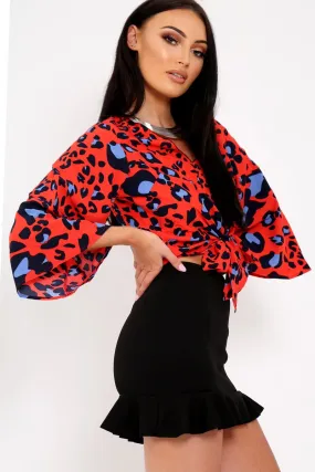 Red Leopard Print Tie Front Shirt - Ikran