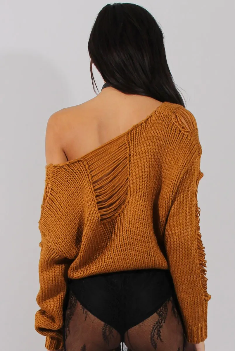 Rust Distressed Detail Knitted Jumper - Lollie