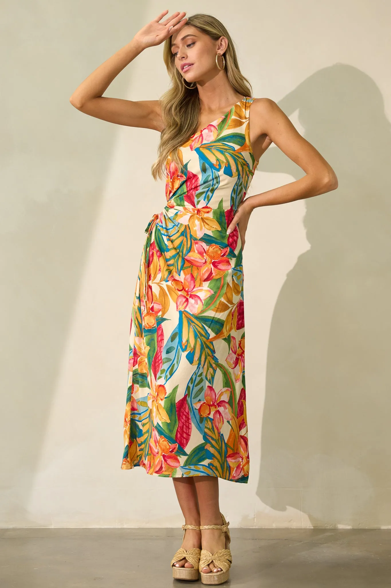 Safe To Say Multi Print One Shoulder Midi Dress