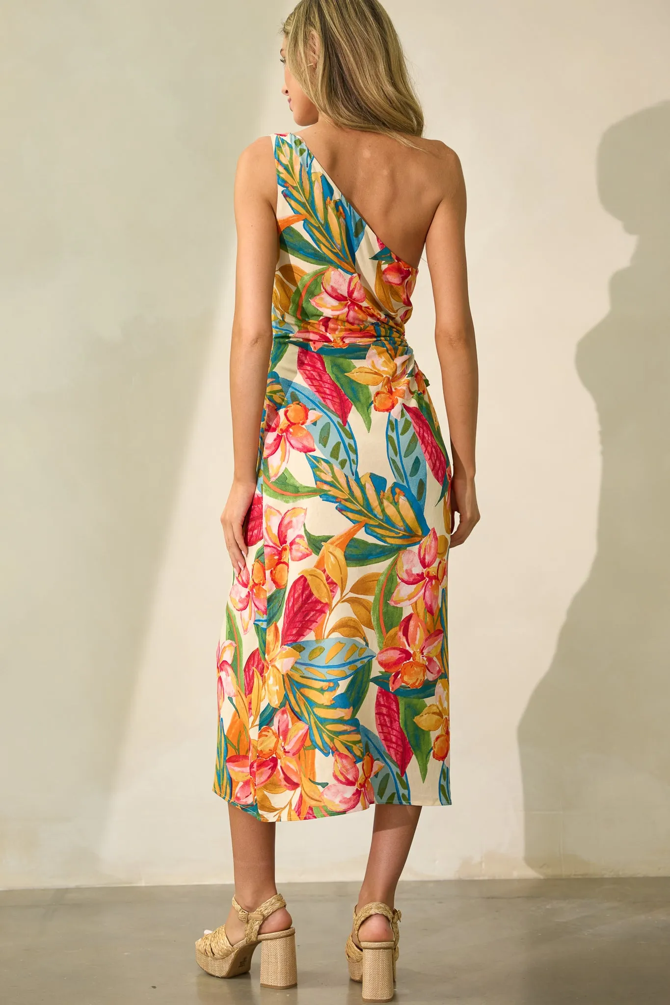 Safe To Say Multi Print One Shoulder Midi Dress