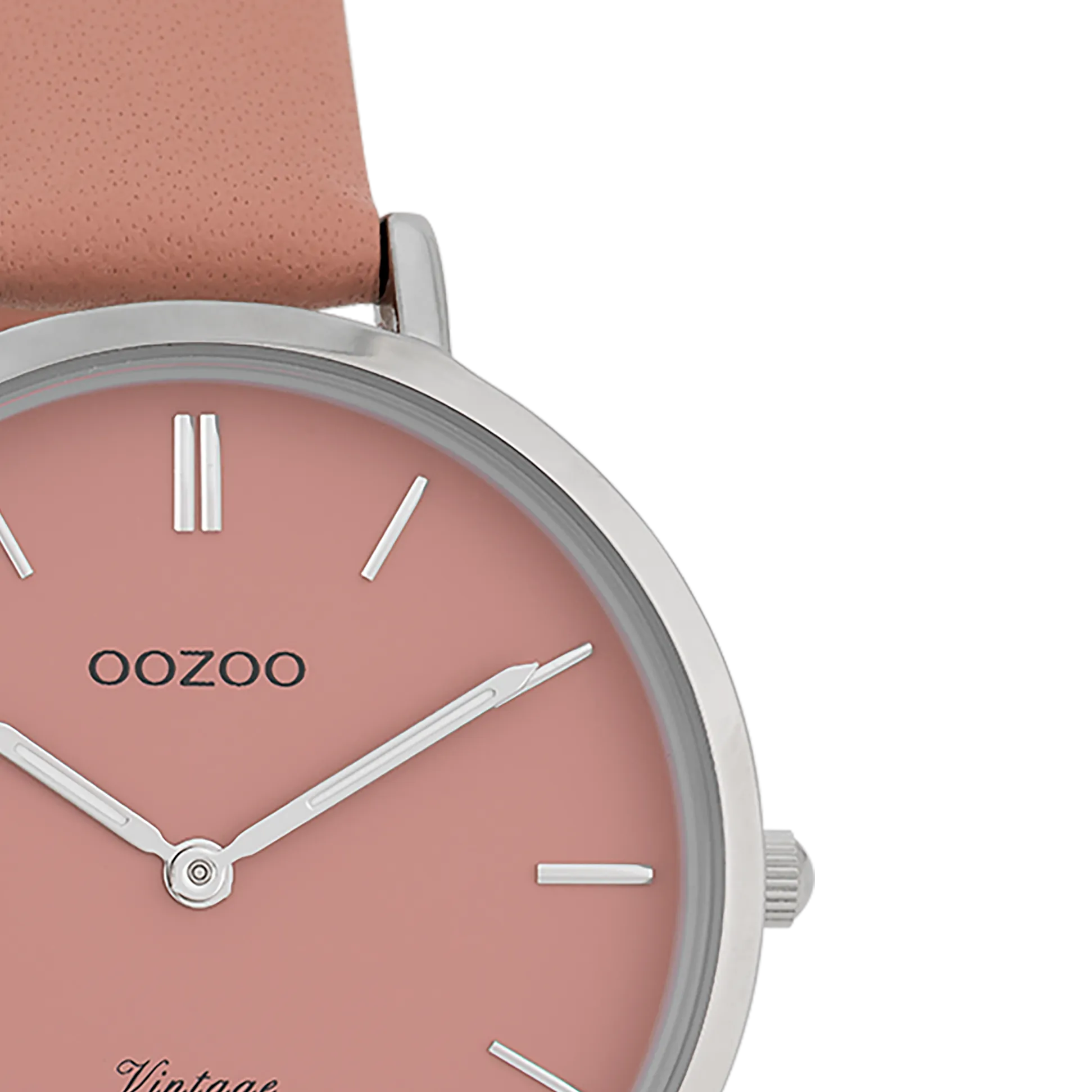 Silver coloured  watch with warm pink  leather strap