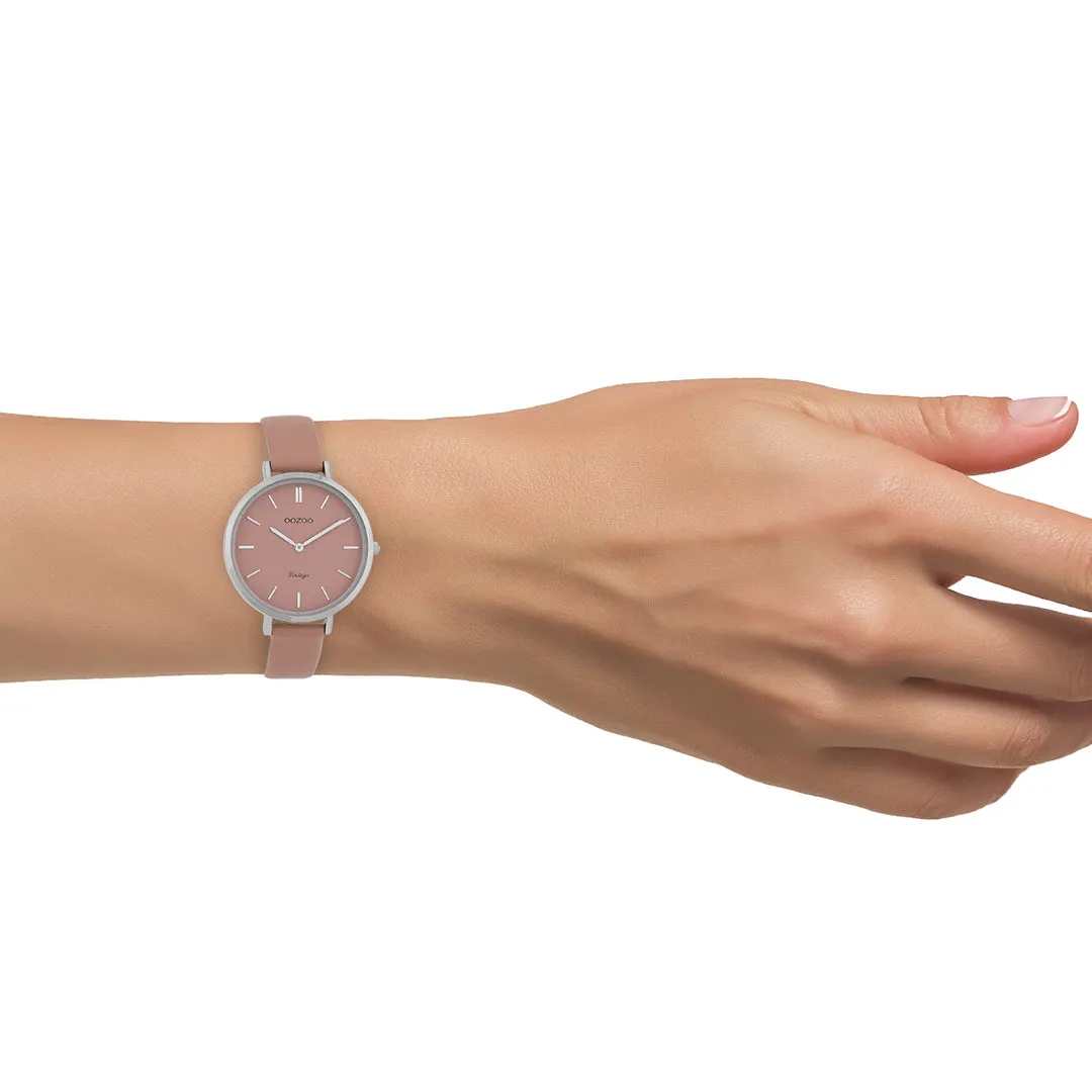 Silver coloured  watch with warm pink  leather strap