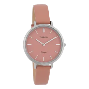 Silver coloured  watch with warm pink  leather strap