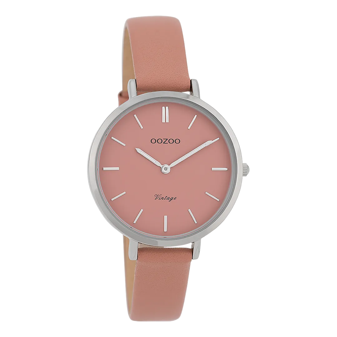 Silver coloured  watch with warm pink  leather strap