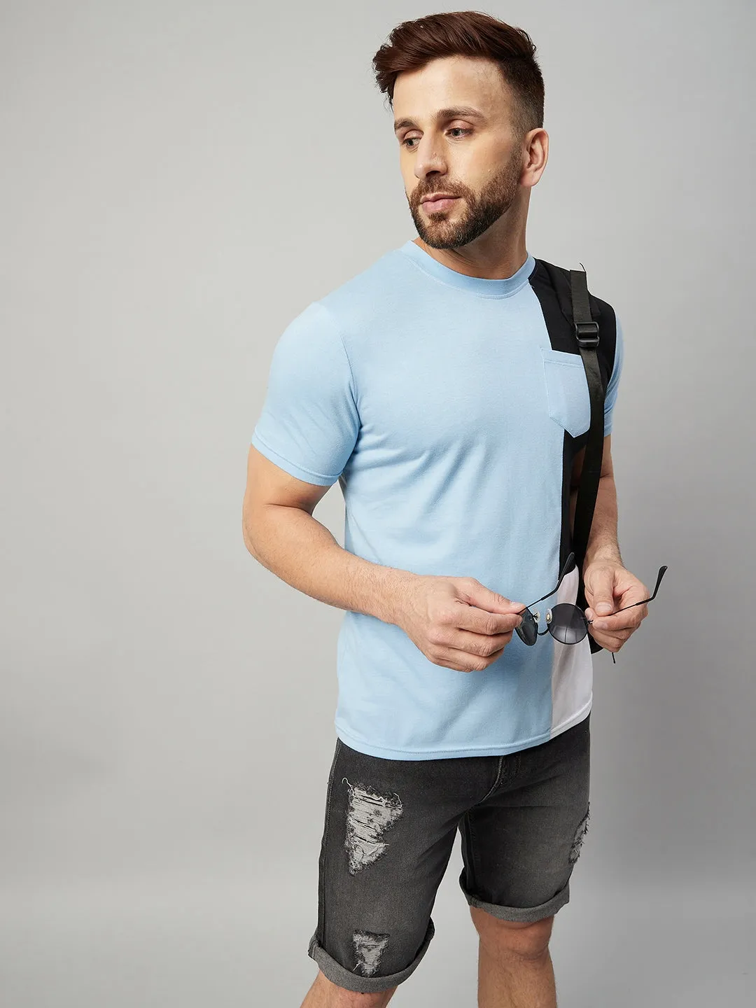 Sky Blue Half Sleeve  Color Block T-Shirt