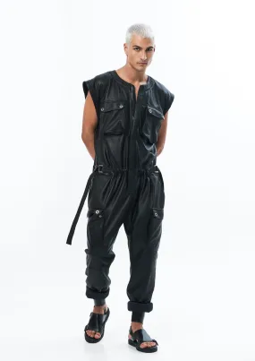 SLEEVELESS LEATHER JUMPSUIT IN BLACK