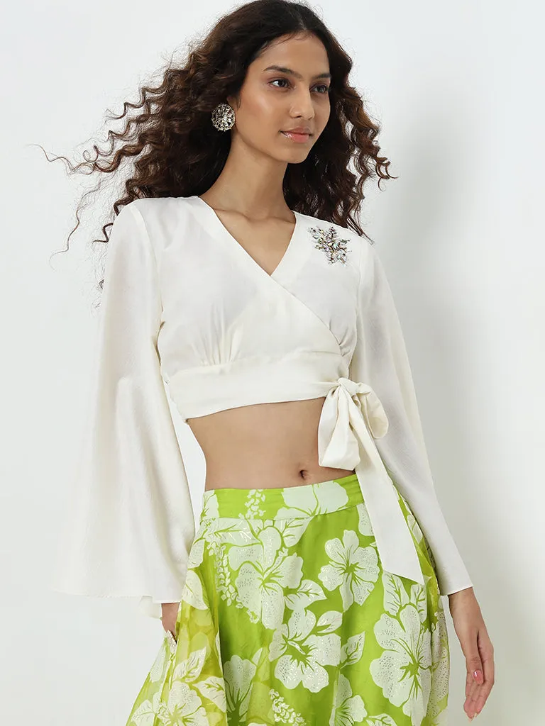 Vark Off-White Floral Embroidered Crop Blouse