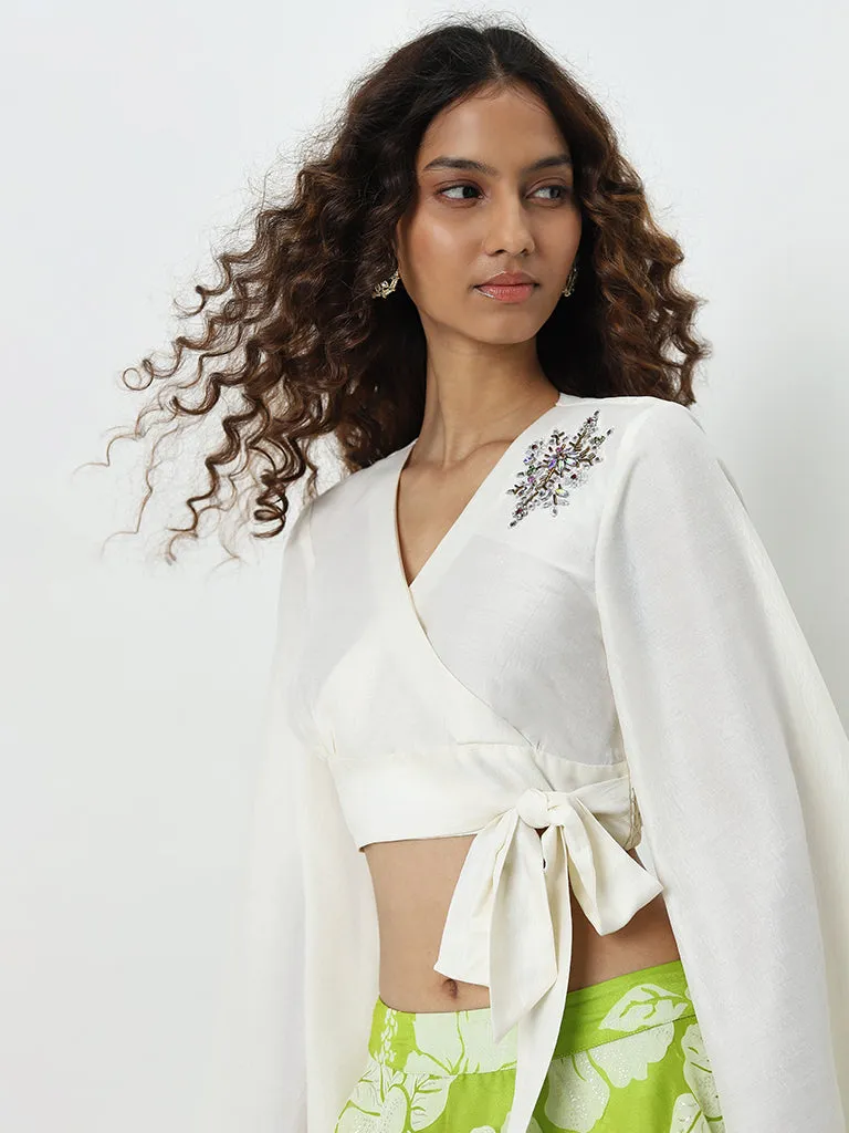 Vark Off-White Floral Embroidered Crop Blouse