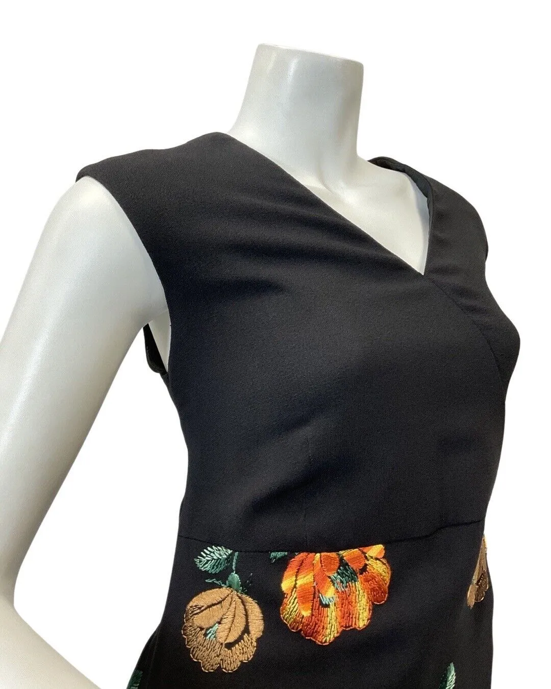 VINTAGE 60s 70s BLACK ORANGE GREEN FLORAL EMBROIDERED SLEEVELESS MAXI DRESS `14