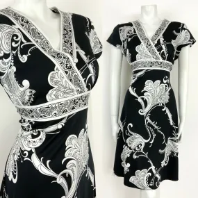 VINTAGE 60s 70s BLACK WHITE FLORAL GRECIAN PAISLEY WRAP DRESS 12 14