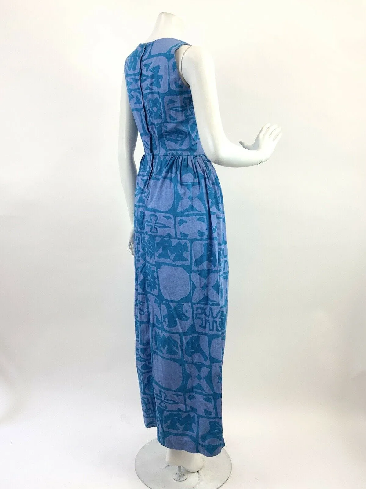 VINTAGE 60s 70s BLUE PURPLE GEOMETRIC AZTEC FLORAL FOLK SLEEVELESS MAXI DRESS 8