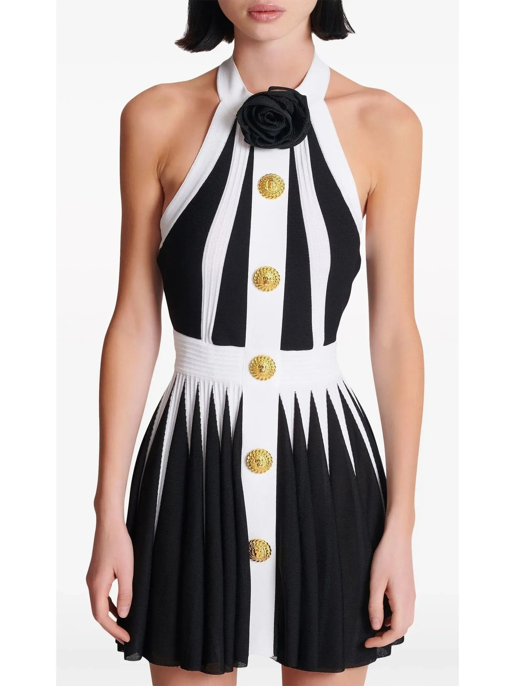 Women’s Backless Black and White Halter-Neck Knit Dress with Rose Detail