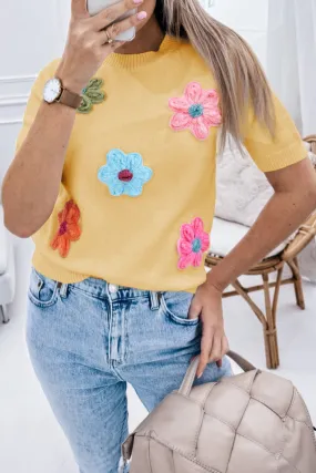 Yellow Cream Cute Flower Applique Short Sleeve Sweater